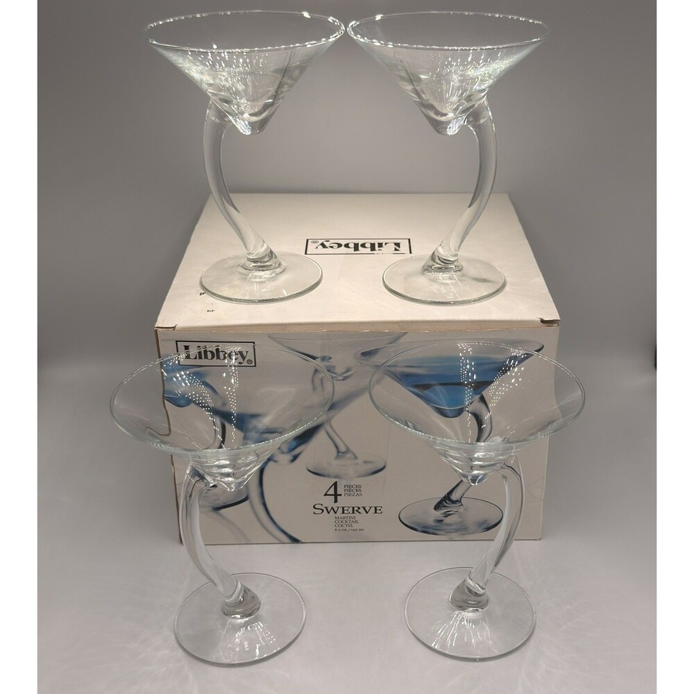 Libbey Swerve Bravura Martini Glasses Set of 4 Clear Curved Stem 6.5oz NEW